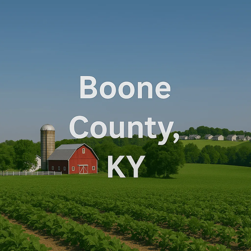 Scenic rural landscape in Boone County, Kentucky featuring a red barn with silo, green farmland, and rolling hills under a clear blue sky.