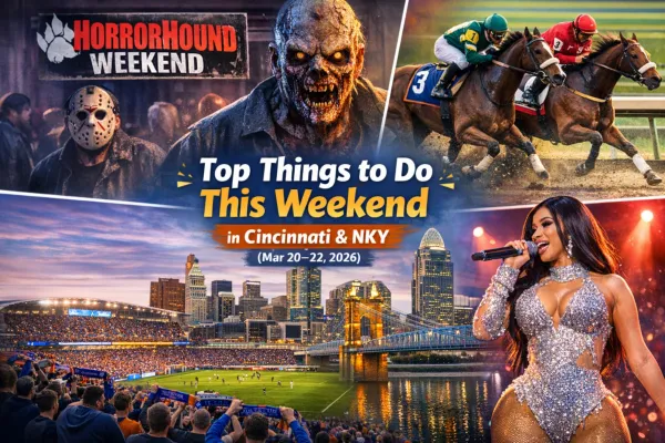 Top things to do in Cincinnati and Northern Kentucky March 20–22, 2026 featuring HorrorHound Weekend, Turfway Park horse racing, FC Cincinnati at TQL Stadium, live concert, and Cincinnati skyline with Roebling Bridge.