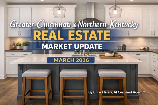 Modern white kitchen with large island and three stools, featuring overlay text that reads “Greater Cincinnati & Northern Kentucky Real Estate Market Update – March 2026” by Chris Harris, AI Certified Agent™.