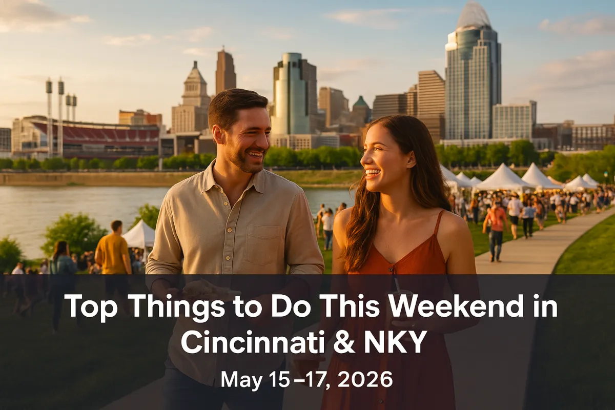 Top things to do this weekend in Cincinnati and Northern Kentucky May 15-17 2026 — couples and families enjoying a spring evening along the Ohio River with the Cincinnati skyline in the background