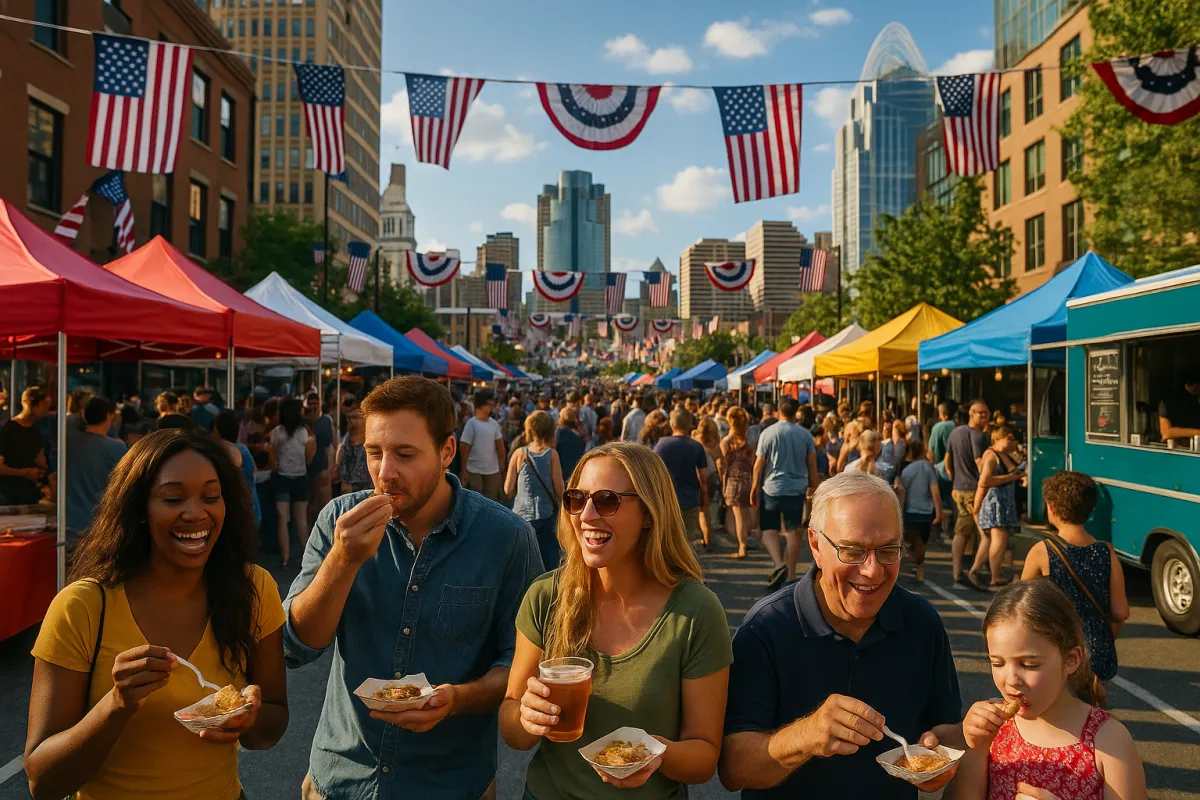 Top things to do Memorial Day weekend in Cincinnati and Northern Kentucky May 22-25 2026 -- festive outdoor food festival crowds on downtown Fifth Street with Cincinnati skyline and American flags. 