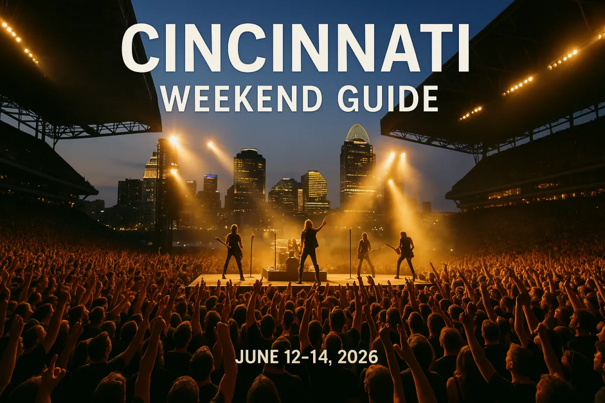 Top things to do this weekend in Cincinnati and Northern Kentucky June 12-14 2026 -- electric rock concert at packed Cincinnati arena with city skyline at dusk.