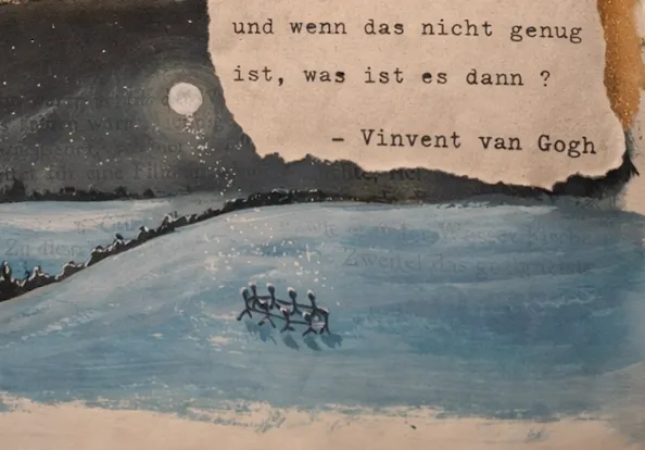 a painting of a grassy field with trees