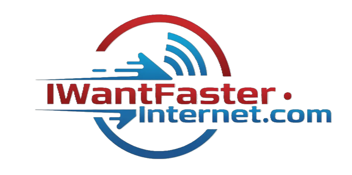 IWantFasterInternet.com logo, featuring stylized red and blue speed lines and a wireless signal graphic, symbolizing fast, reliable rural internet connectivity consulting.