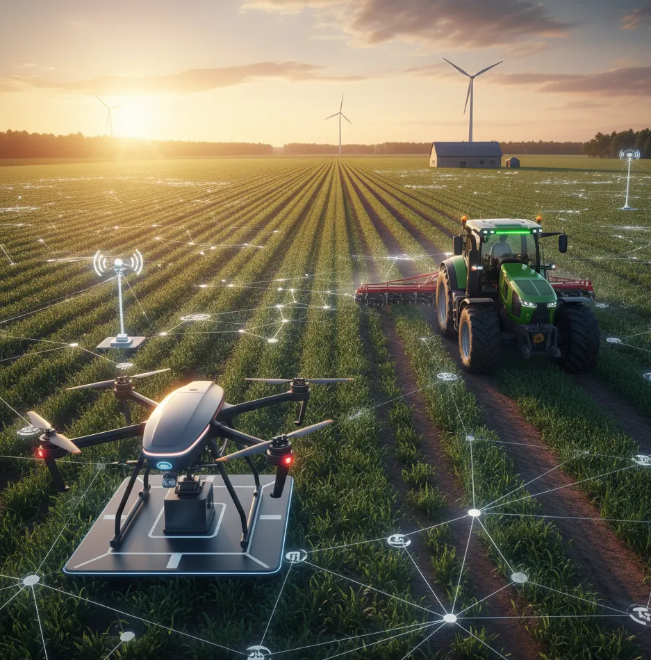 A large drone and a tractor operating in a high-tech field at sunset, connected by glowing network lines extending across the farm to wind turbines. This image symbolizes 'Connectivity for the Future,' ensuring robust support for all smart farming tech, GPS trackers, and IoT devices across the entire property.
