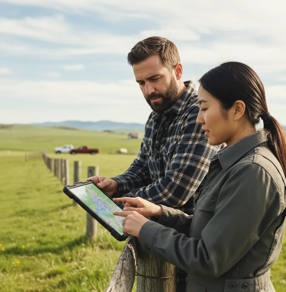 Two American professionals, a man and woman in rugged attire, reviewing a hyper-local map on a digital tablet in a rural field. This image symbolizes our US-based expertise and 15 years of industry experience in diagnosing specific rural connectivity solutions.