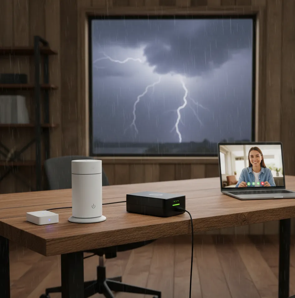 A modem/router connected to a black backup battery system powering a live video call on a laptop while a severe lightning storm rages outside. This visually represents Zero-Outage Planning and guaranteed 'Invisible Reliability' through essential backup systems.