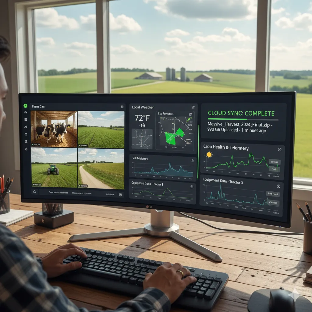 A man working at a desk with an ultra-wide monitor displaying a comprehensive farm dashboard, including live camera feeds, weather, soil moisture, and a notification confirming a 990 GB 'Cloud Sync: Complete.' This image symbolizes the need for absolute 'Primary Speed' to manage and upload massive data files using high-speed rural internet solutions.