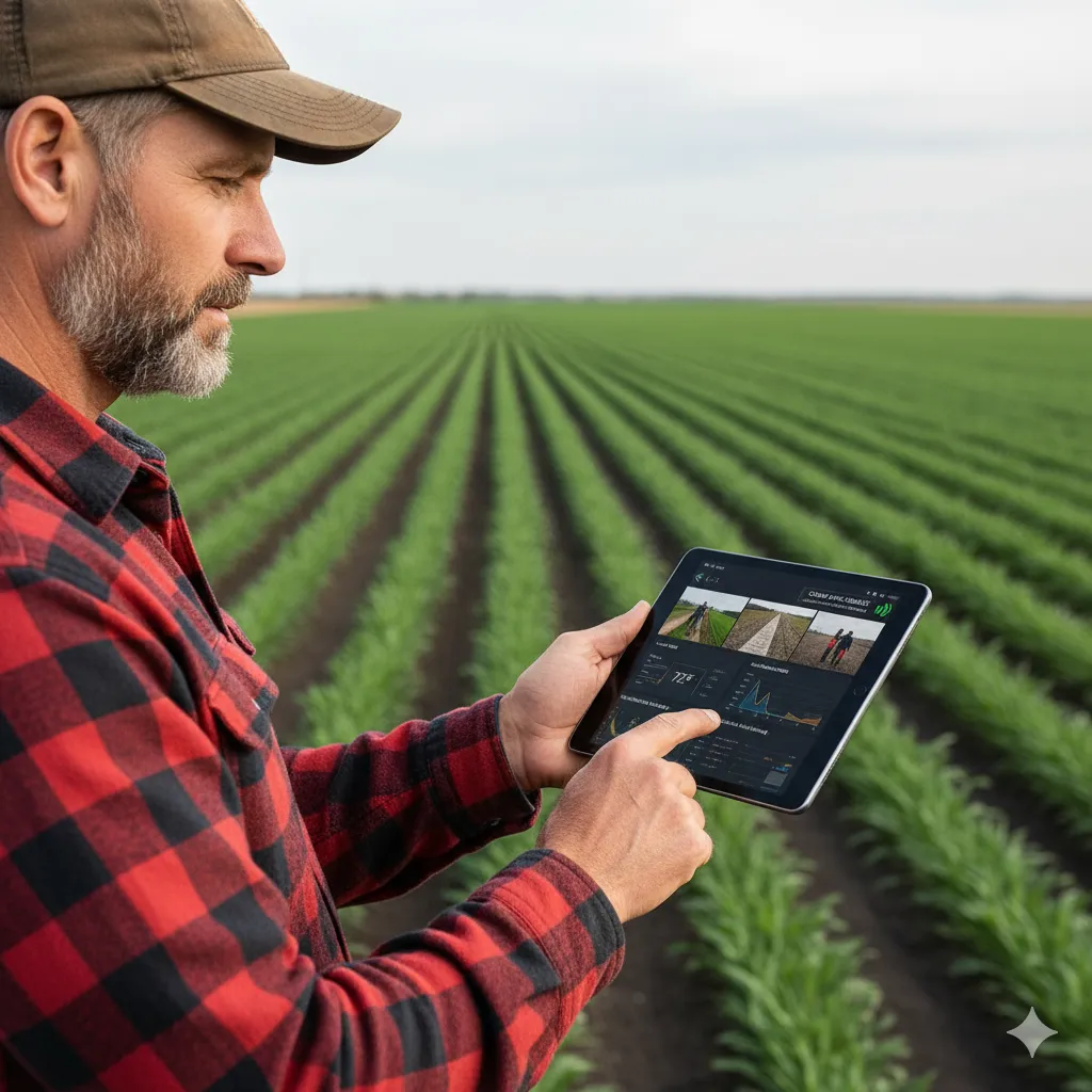 A male farmer in a plaid shirt and cap reviewing local coverage analysis and data charts on a digital tablet in a vast crop field. This image symbolizes our commitment to 'Reliable Rural Connectivity' and utilizing 'deep local roots' to ensure a robust, trustworthy plan for your rural business.