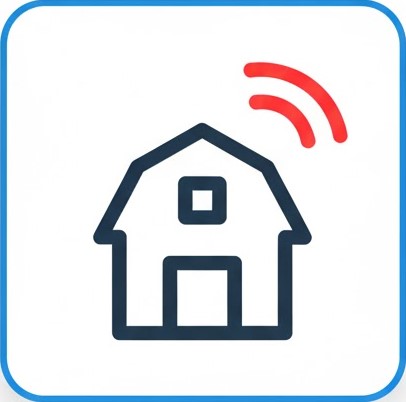 Graphic for 'Real-World Experience' pillar featuring a blue barn icon and red Wi-Fi signal, illustrating robust internet connectivity in remote farm buildings tested by iwantfasterinternet.com