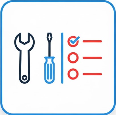Icon for simple DIY tech guides: a wrench and checklist illustration, representing easy, no-jargon, step-by-step setup instructions for long-range rural security and networking solutions.