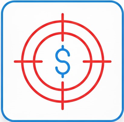 Icon for the Affordable Gear Promise pillar, featuring a target and dollar sign to represent high-value technology, honest affiliate reviews, and cost-effective security solutions for rural properties.