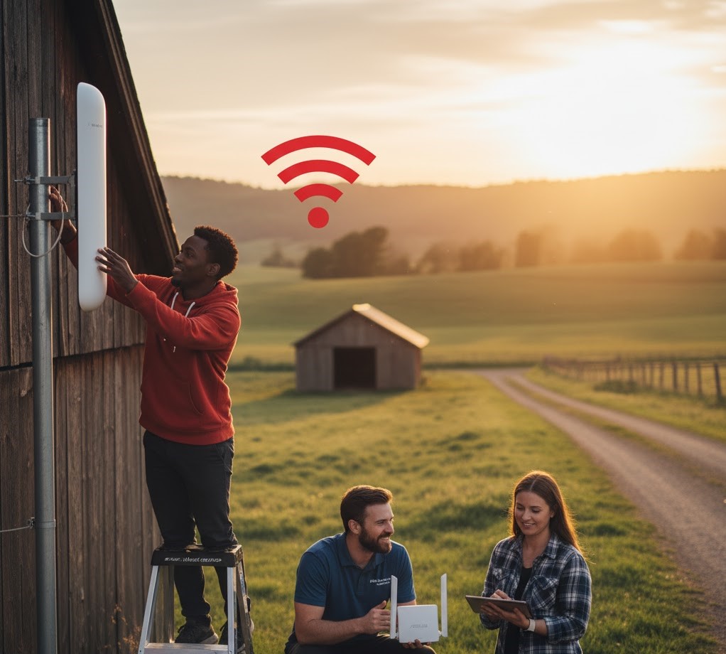 Field technician installing outdoor long-range Wi-Fi and networking equipment on a rural property, demonstrating hands-on technical support for property owners.