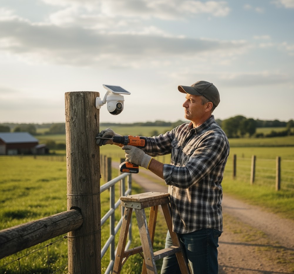 "Farmer installing a solar PTZ security camera on an entry gate, demonstrating the simple, long-range security solutions and DIY installation for rural property monitoring.