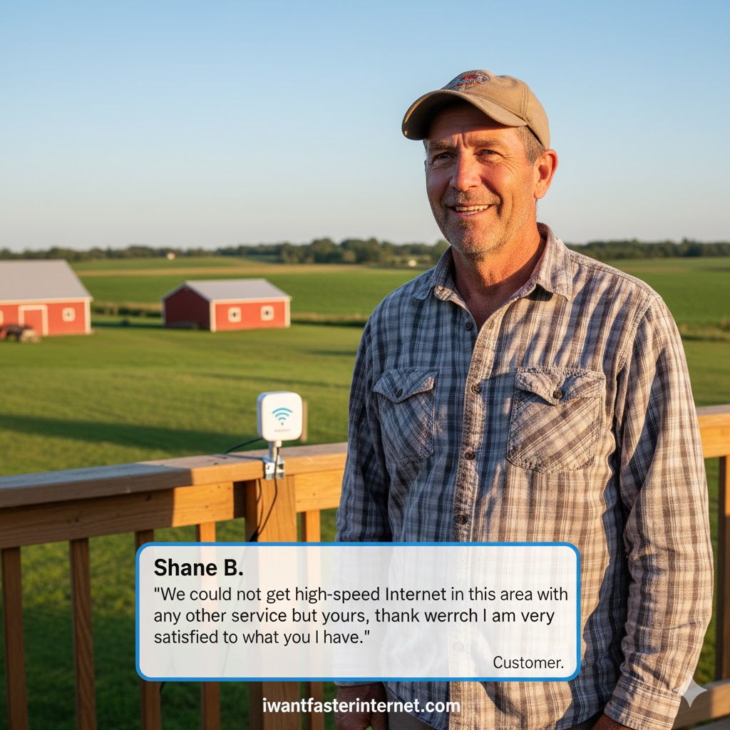 Smiling rural customer, Shane B., on his farm with an outdoor Wi-Fi device, providing a testimonial about successful long-range internet service from iwantfasterinternet.com