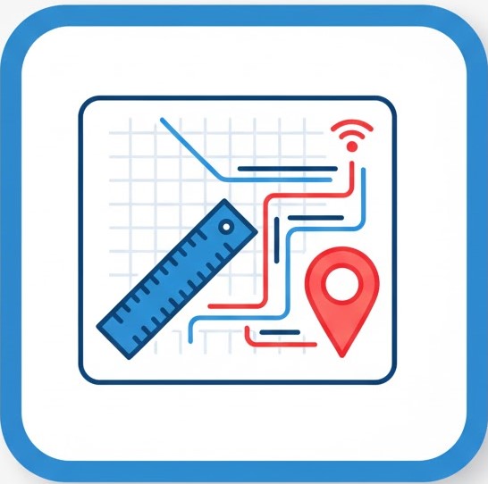 Icon for Site Evaluation and Blueprint step, showing a map and ruler, representing detailed custom planning for long-range Wi-Fi signal paths and distance challenges