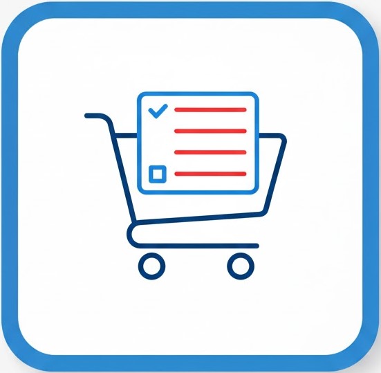 Icon for Your Custom Parts List, showing a shopping cart checklist, representing the final step to purchase affordable, affiliate-recommended gear for your rural installation