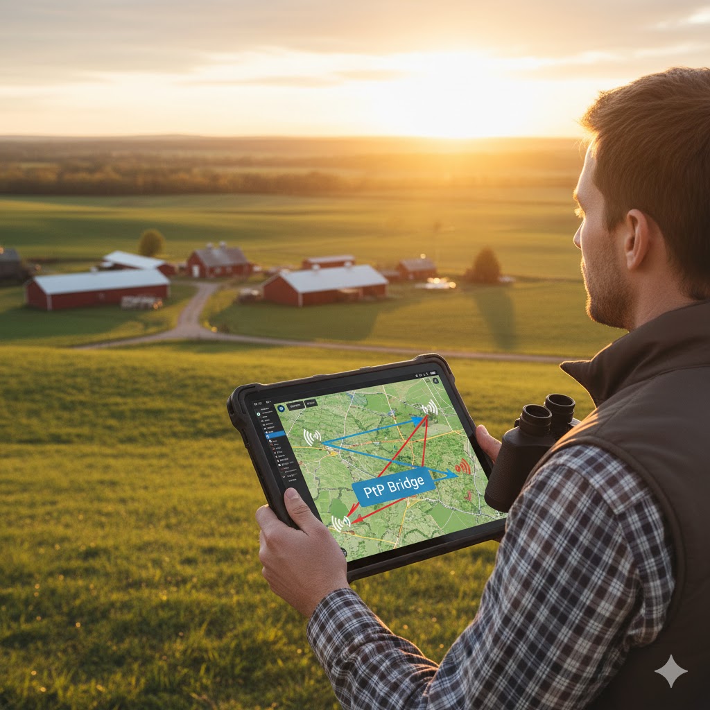 Man planning a long-range Wi-Fi PtP bridge on a rural property map, illustrating the ISP assessment and custom site planning process for reliable connectivity