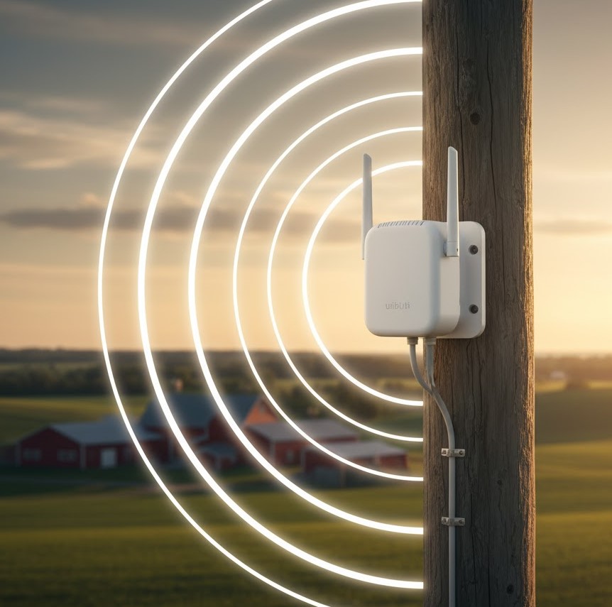 Outdoor Wi-Fi access point mounted on a pole, showing seamless signal coverage across a large rural property, illustrating mesh networking guides for eliminating Wi-Fi dead zones.