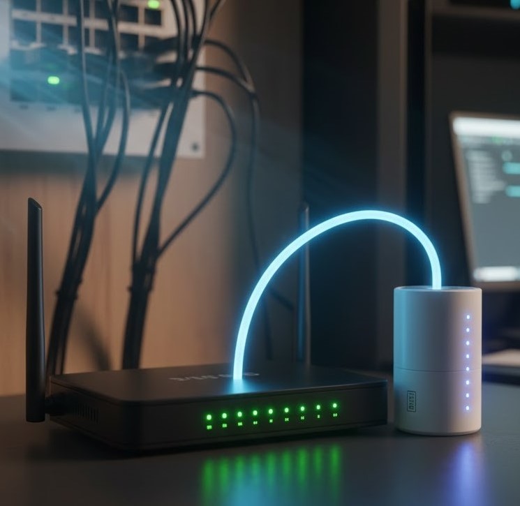 Technical image of two connected network modems with a 4G/5G cellular modem acting as a backup failover system, ensuring zero downtime and continuous internet connectivity.