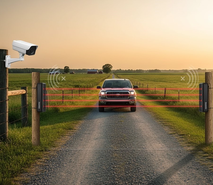 Solar-powered security camera and wireless driveway sensors on a rural fence line detecting a pickup truck, illustrating long-range perimeter detection and alarm systems.