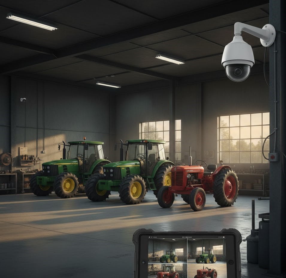 Two security cameras monitoring valuable farm equipment and tractors inside a machine shop, illustrating DIY security systems for outbuilding asset protection.