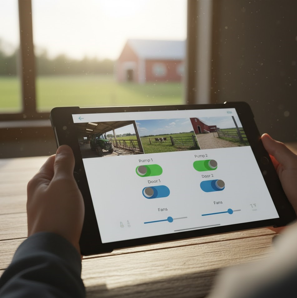 Tablet displaying a Smart Farm automation dashboard with remote control toggles for pumps, fans, and lights, alongside security camera feeds for equipment and property management.