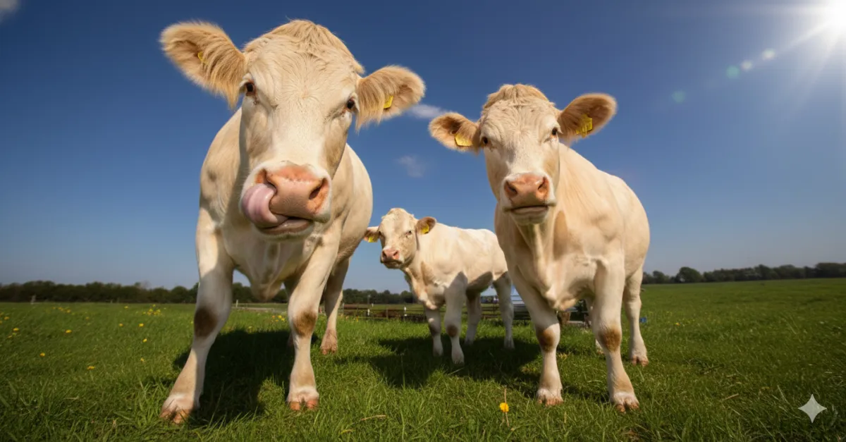 Three light-colored cows, two adults and a calf, looking directly at the camera in a green pasture under a blue sky, symbolizing rural farm life.