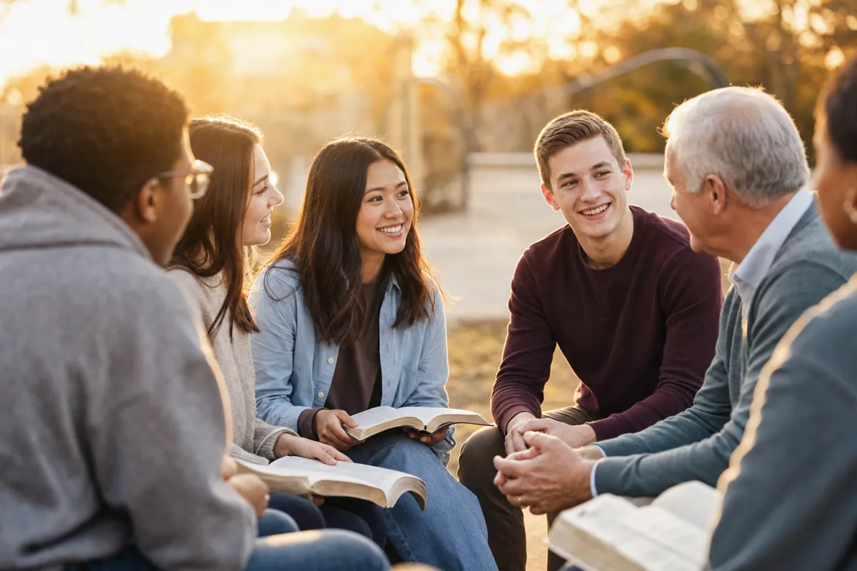 Warm, golden-lit intergenerational Bible study scene representing discipleship for Gen Z and Gen Alpha
