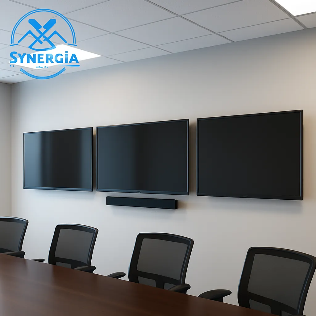 Commercial TV installation in modern office space with three wall-mounted flat-screen TVs and a centrally mounted soundbar for professional audiovisual setup.