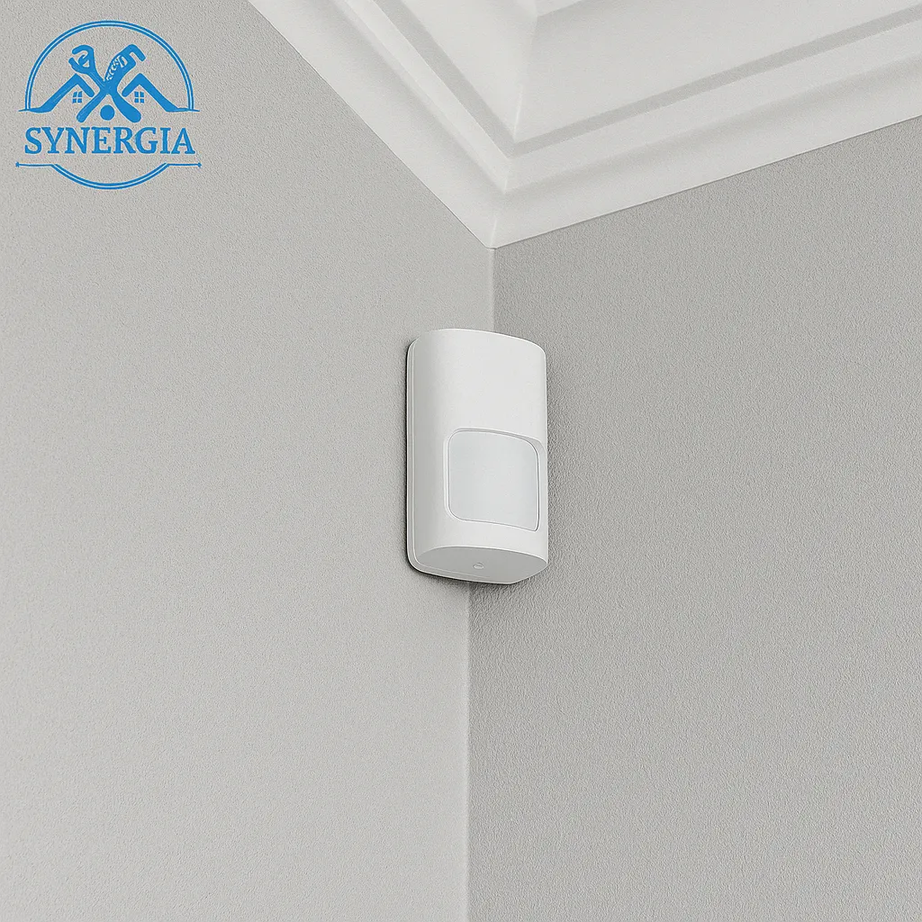 Ring motion sensor professionally installed in a residential hallway by Synergia, configured for accurate motion detection and smart alerts in San Antonio.