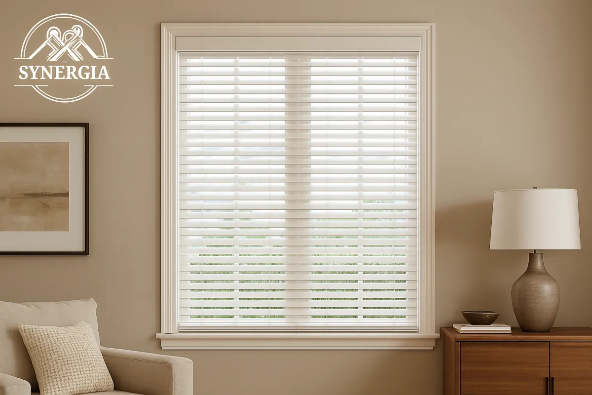 Modern living room with professionally installed faux wood blinds on large windows, showcasing Synergia’s custom blind installation service in San Antonio.