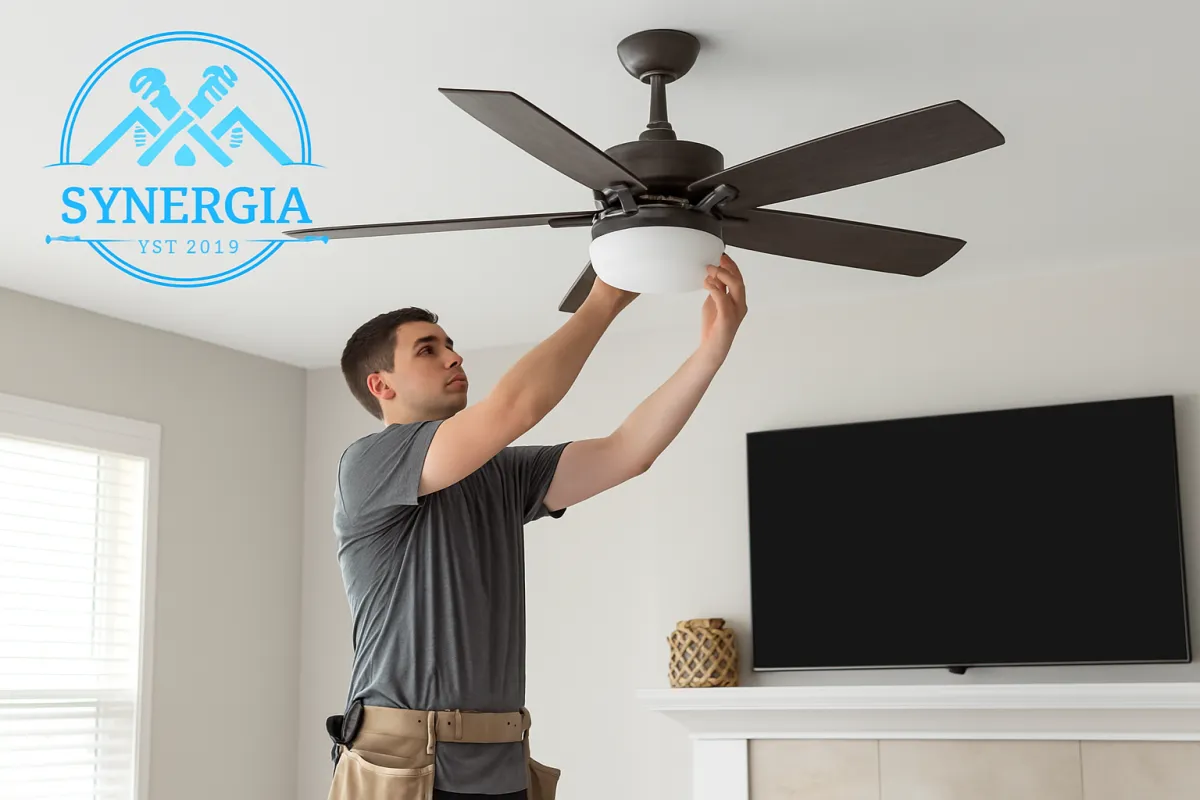 Professional handyman installing a ceiling fan in a residential home, part of Synergia’s same-day handyman services in San Antonio and Austin.