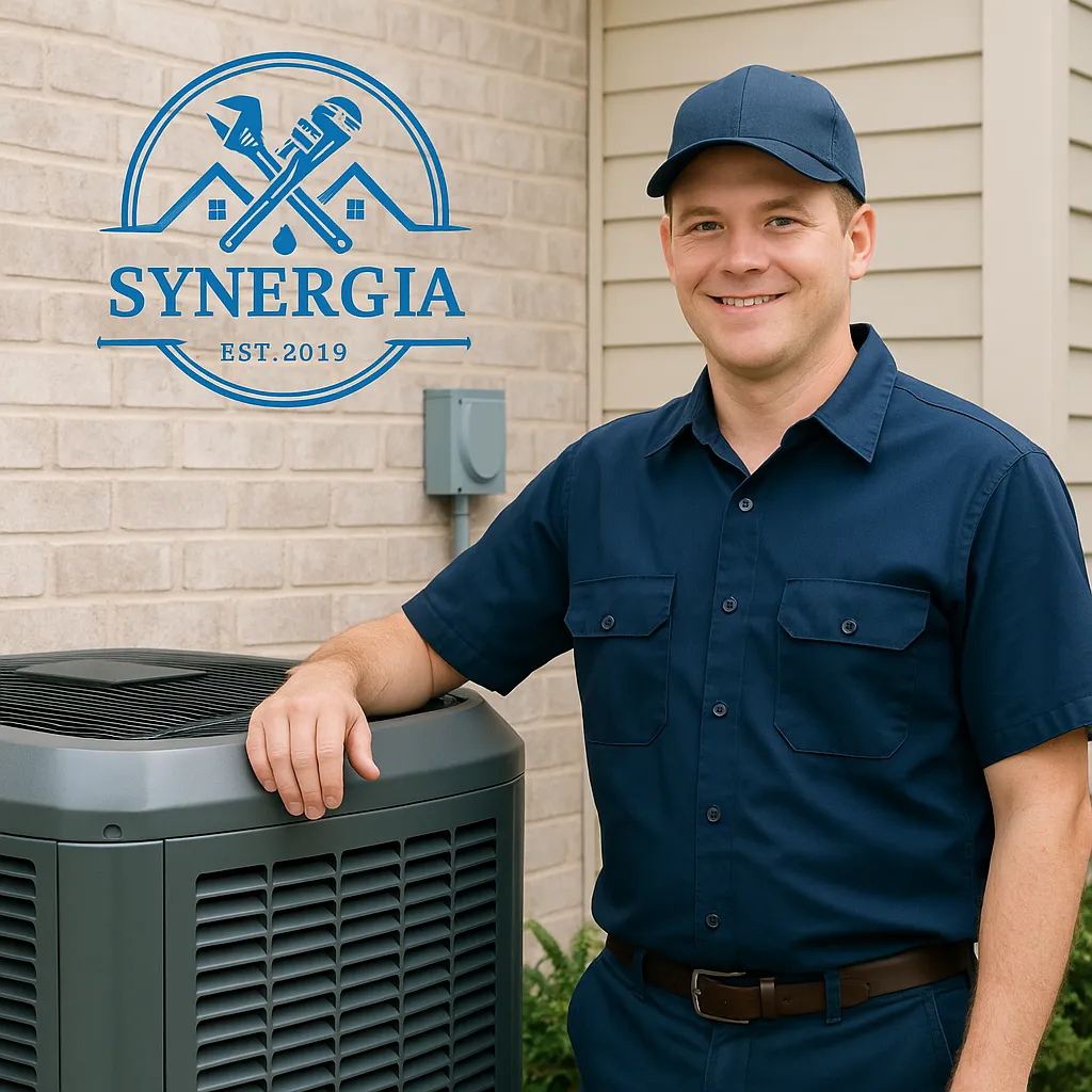 HVAC technician standing next to a central air conditioning unit outside a residential home, wearing a navy blue uniform, with the Synergia logo in the top left corner — representing professional HVAC installation and maintenance services in San Antonio.