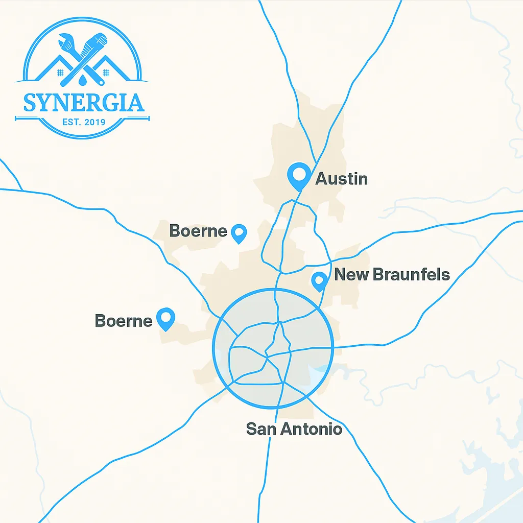 Highlighted map of Central Texas showing TV mounting service coverage zones around Austin and San Antonio.