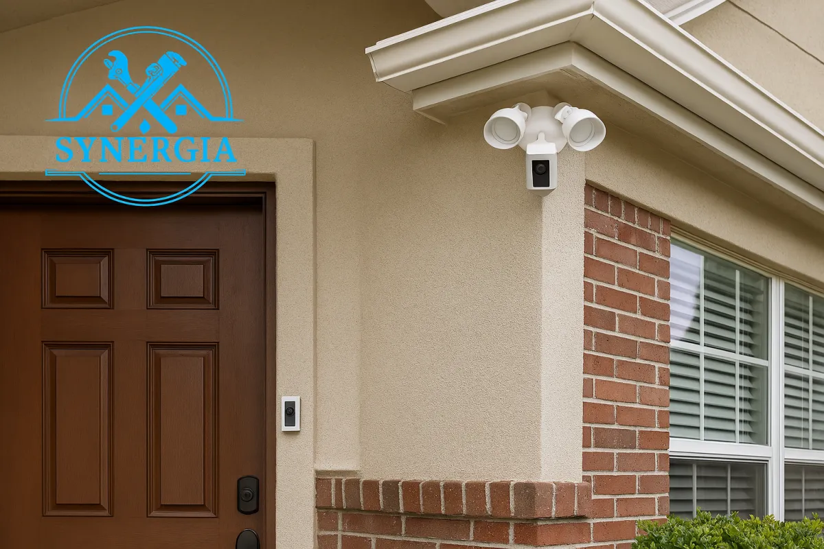 Ring floodlight camera professionally installed on the exterior of a residential home by Synergia, serving San Antonio and Austin.