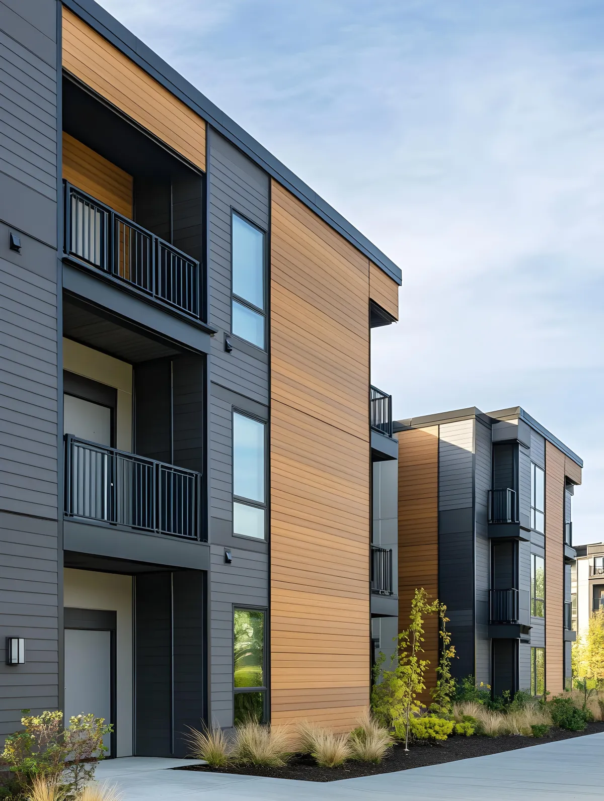 Modern multi-story apartment building with dark gray and natural wood exterior panels, large windows, and private balconies, surrounded by landscaped plants along a clean concrete walkway under a bright sky.