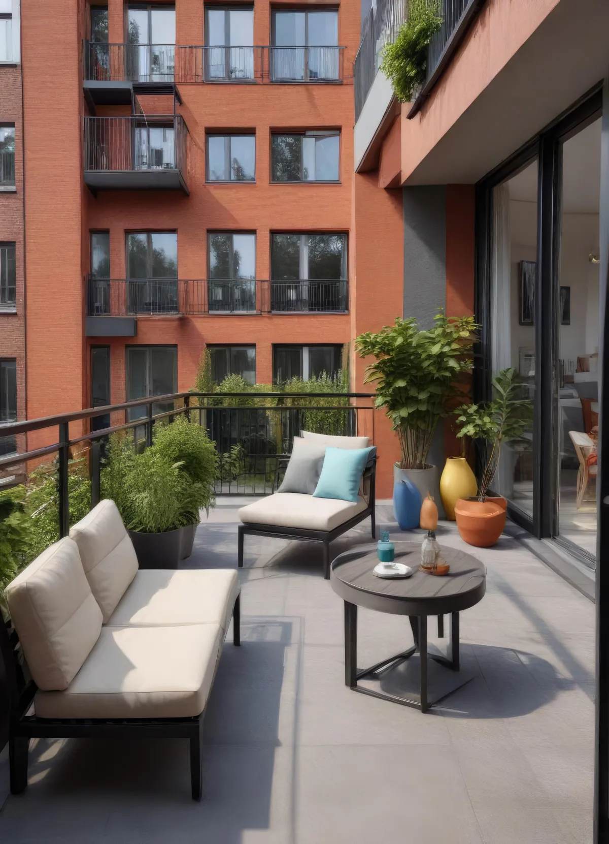 Modern apartment balcony with outdoor seating, cushioned chairs, small round table with décor, potted plants, and view of contemporary red-brick residential building with multiple windows and balconies.
