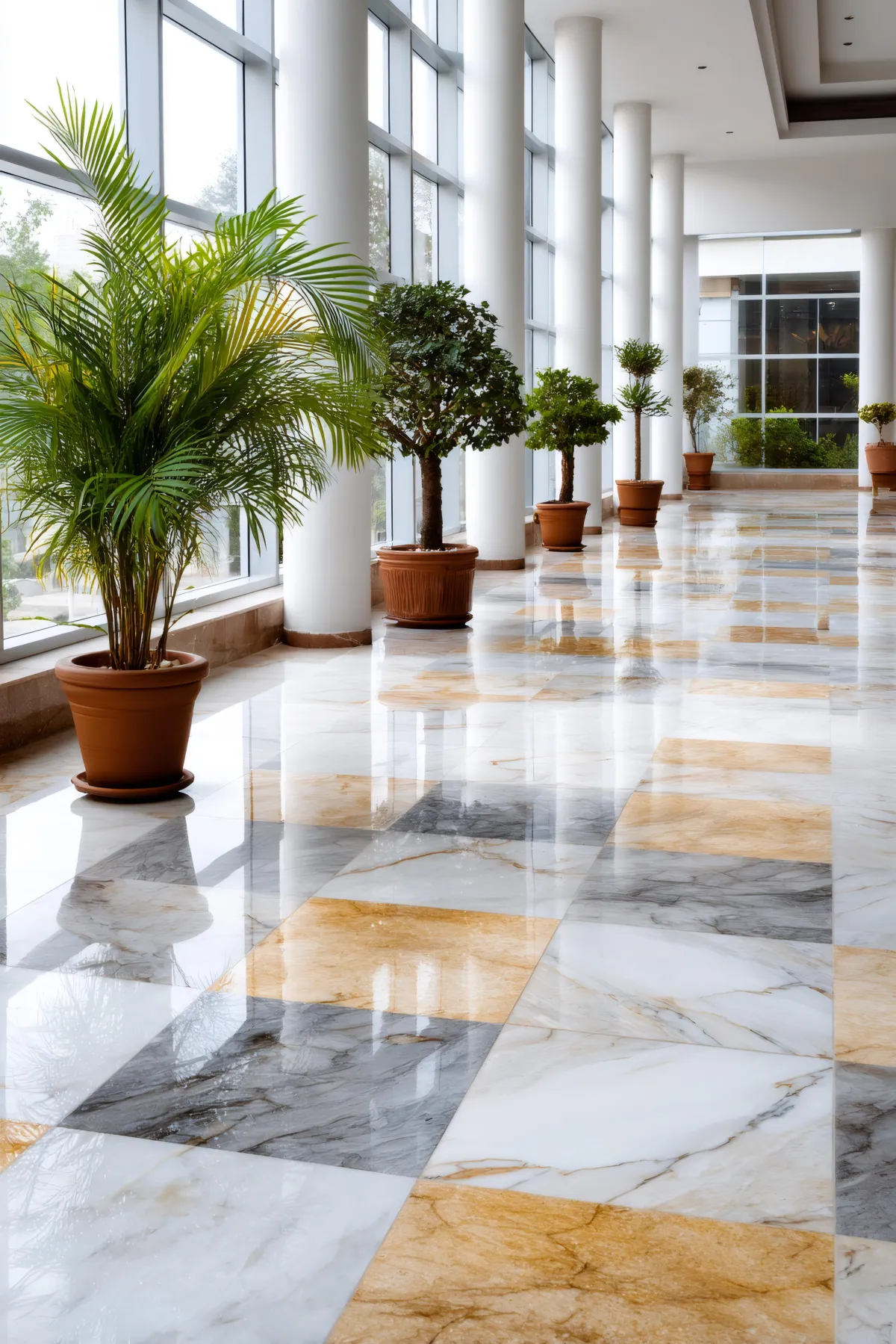 Lobby hallway with large floor-to-ceiling windows, polished marble tile flooring in white, gold, and gray patterns, and multiple potted indoor plants including palms and topiary trees arranged along the walkway.
