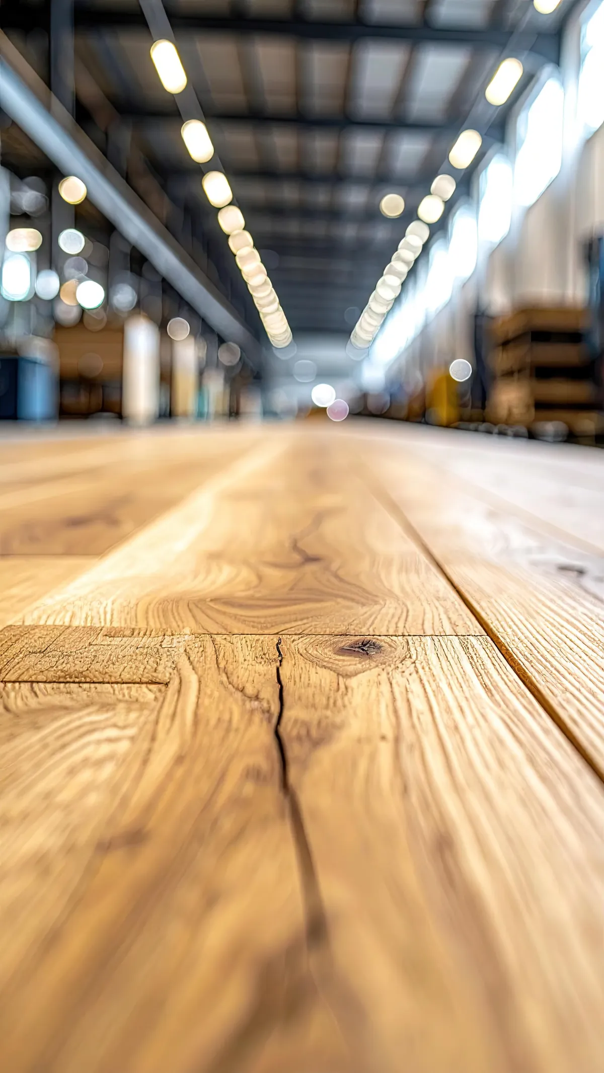 Close-up view of polished natural wood flooring inside a large industrial warehouse, with overhead LED lights creating a long perspective, blurred machinery and storage racks in the background, and detailed wood grain visible in the foreground.