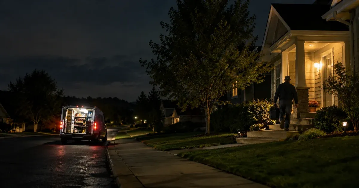 Service van arriving at a home at night, after hours answering service