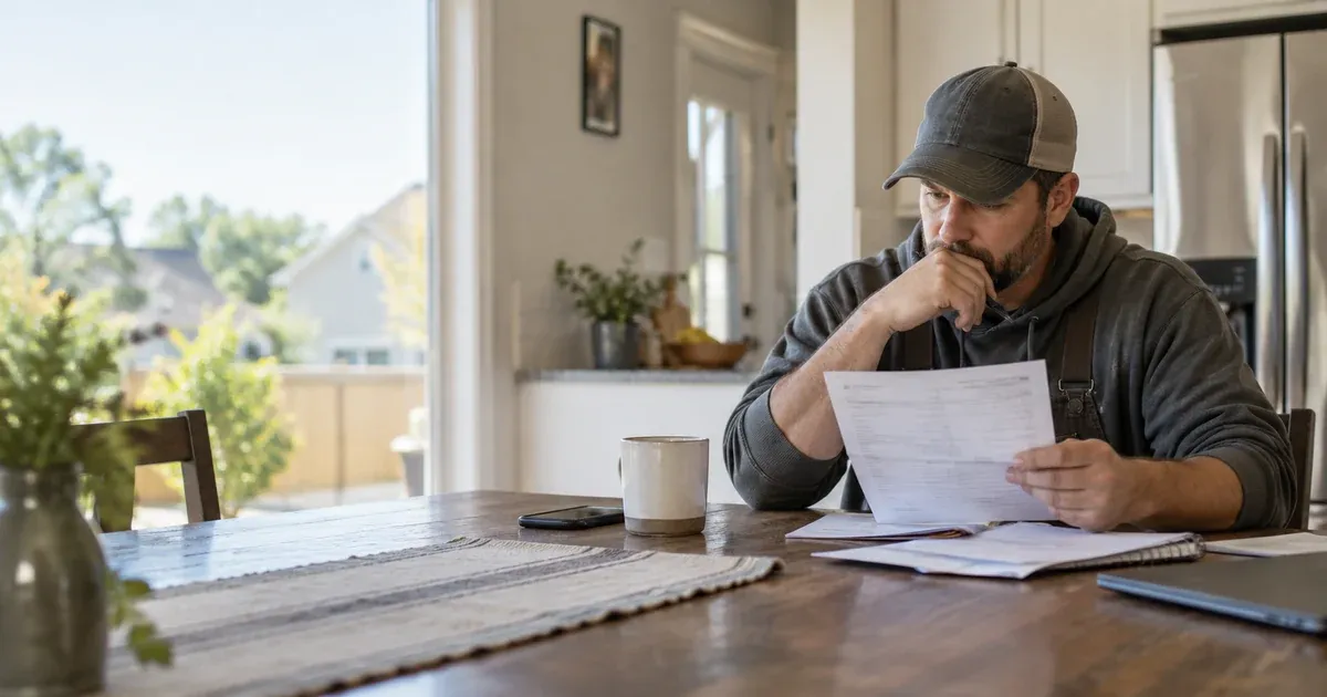 Contractor reviewing a monthly bill, answering service cost