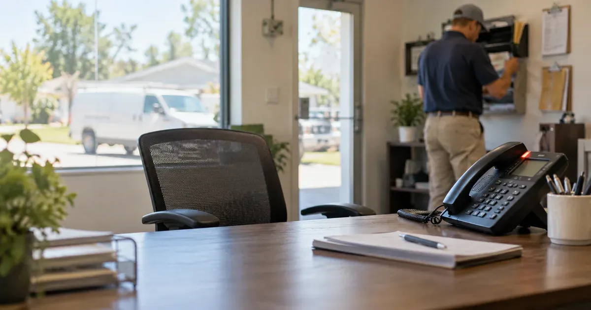 Empty front desk and ringing phone for an AI receptionist vs answering service comparison