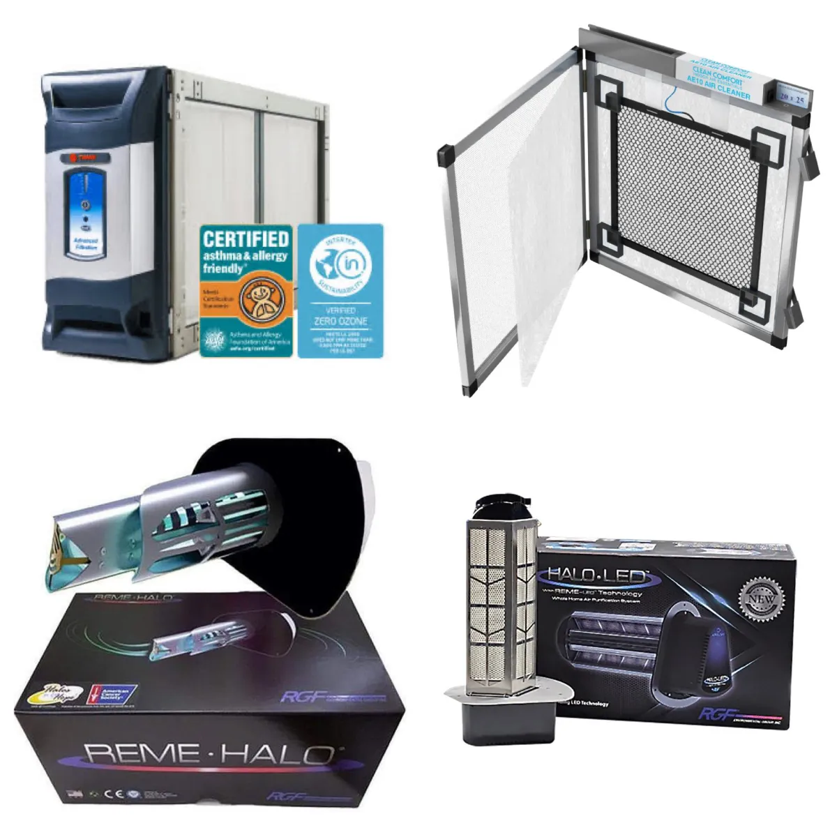 Whole-home indoor air quality products including an electronic air cleaner cabinet, high-efficiency media filter, in-duct UV air purifier, and LED air purification system for residential HVAC systems.