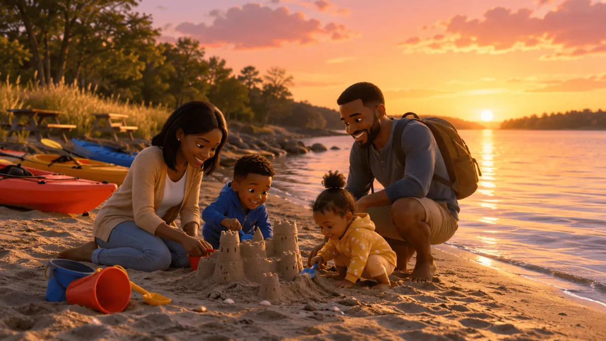 Black family of four at Mayo Beach Park on the South River in Edgewater Maryland with kayaks on the shore at sunset
