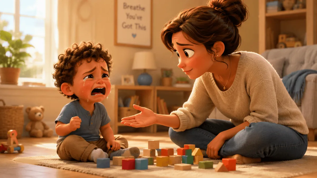  toddler in mid meltdown on the floor with a calm patient parent kneeling beside them showing co-regulation