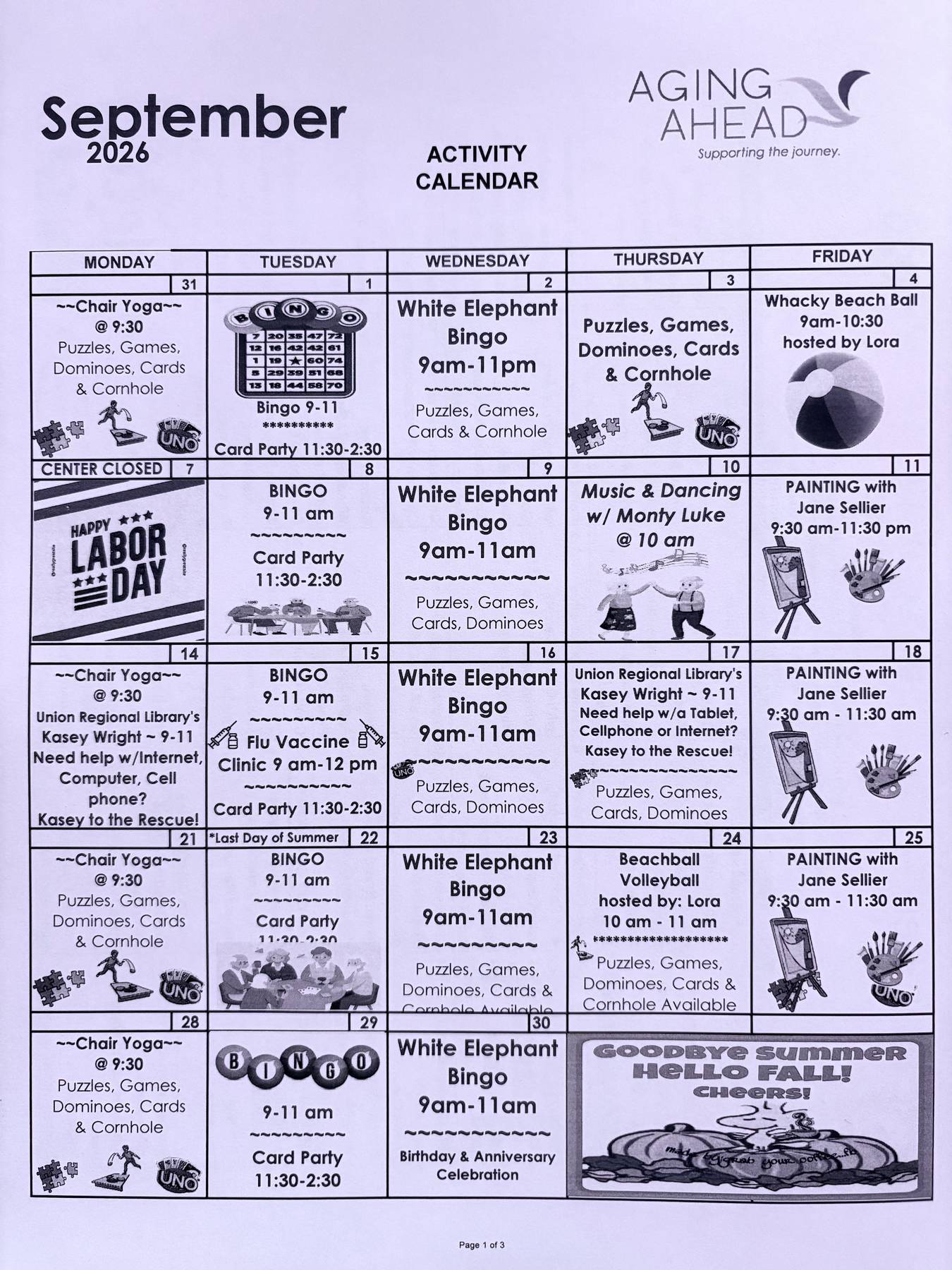 Aging Ahead monthly activity calendar