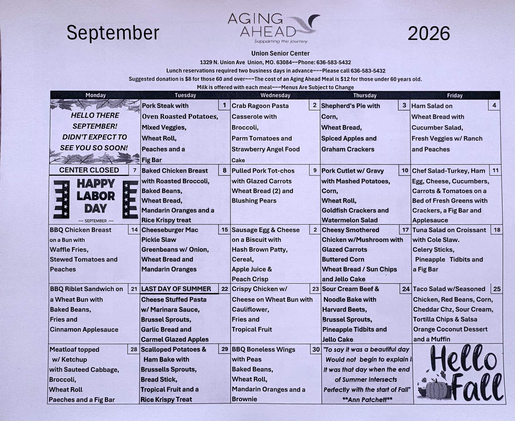 Aging Ahead monthly lunch menu