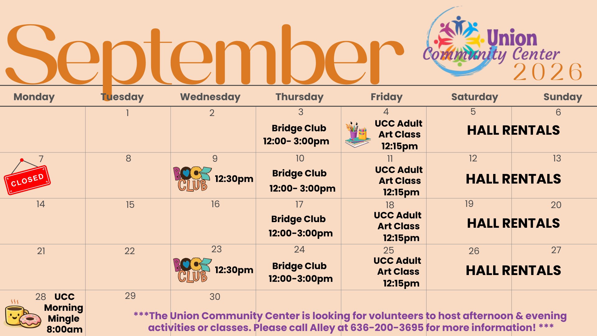 Union Community Center monthly events calendar