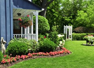 Green front lawn in Tewksbury maintained by LN Landscaping & Irrigation